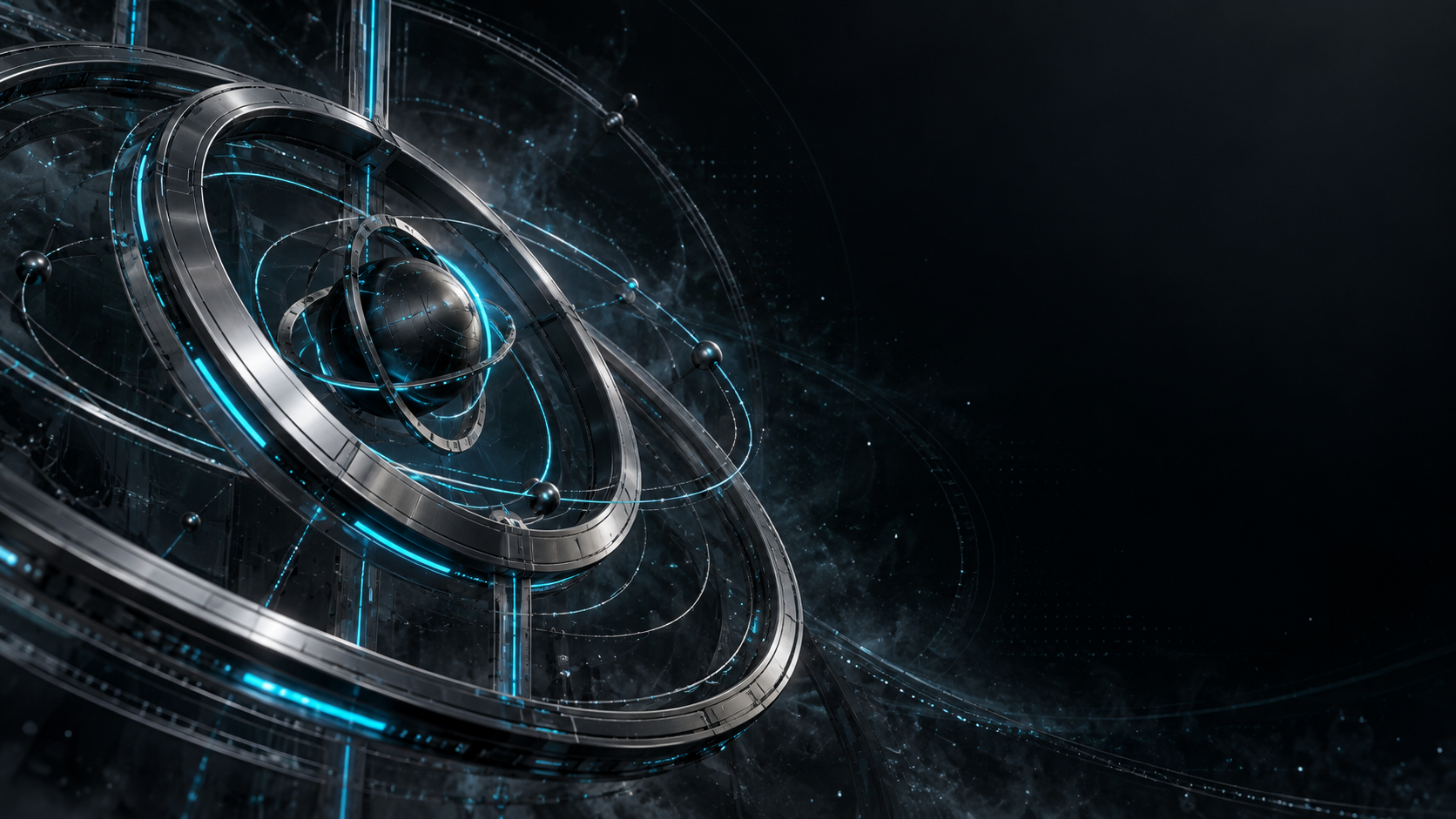 Abstract titanium lifecycle rings with cyan state traces